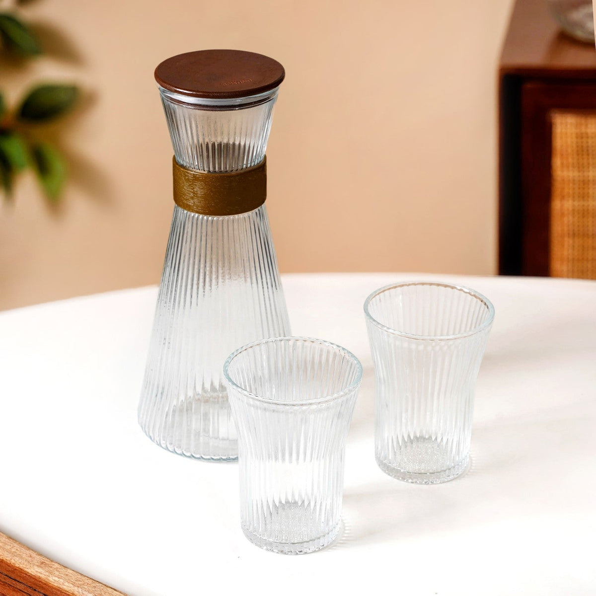 Fluted Glass Carafe Jug With 2 Tumblers Nestasia