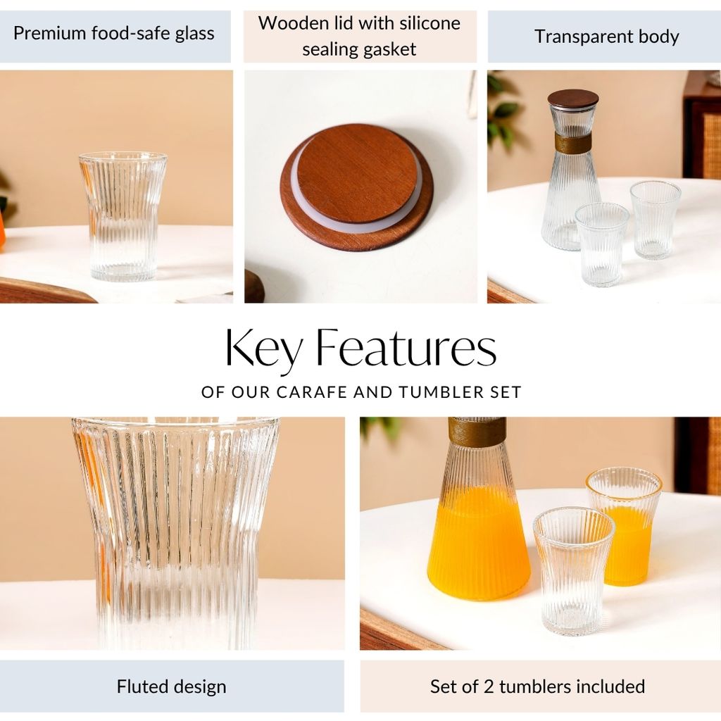 Fluted Glass Carafe Jug With 2 Tumblers Nestasia
