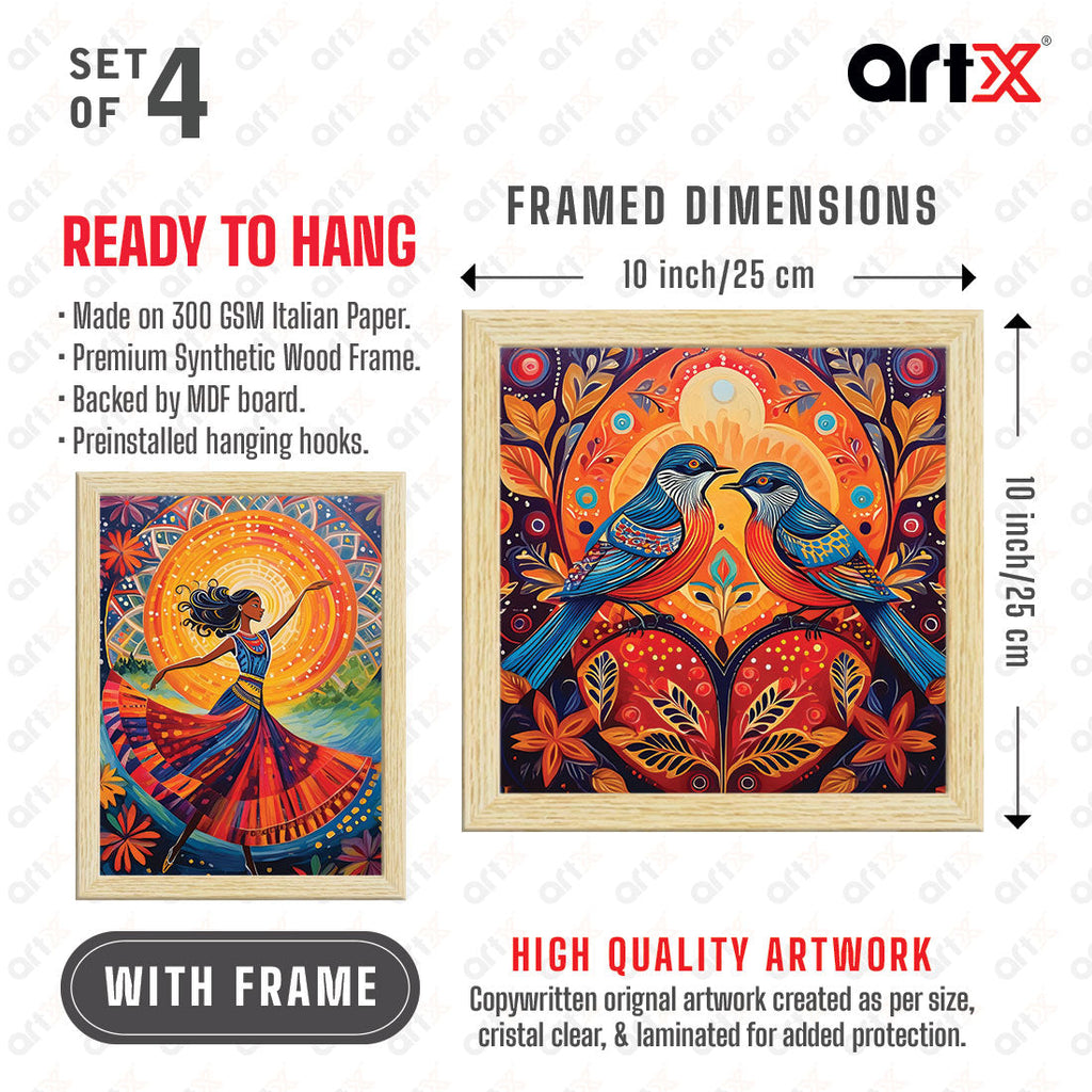 Madhubani Art Paintings, Painting For Wall Living Room, Multicolor, Set of 4 ArtX