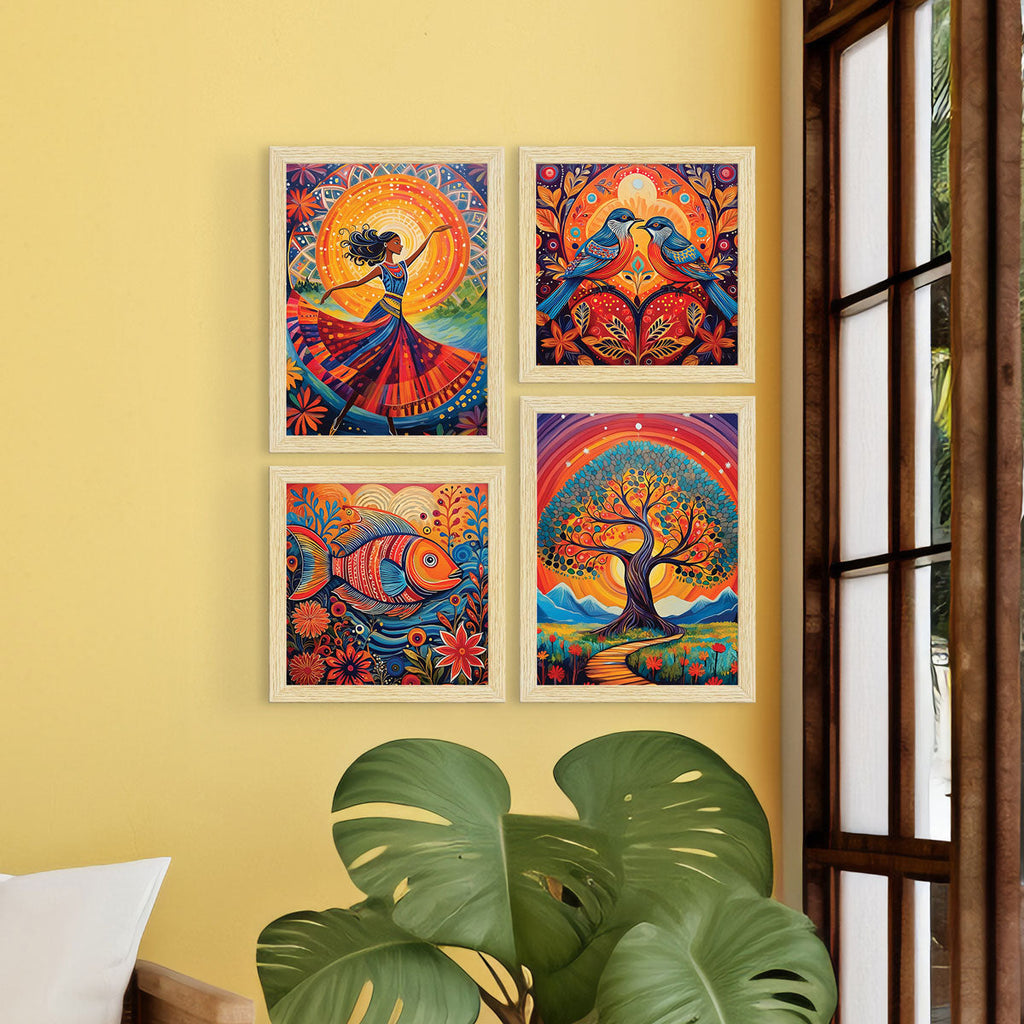 Madhubani Art Paintings, Painting For Wall Living Room, Multicolor, Set of 4 ArtX