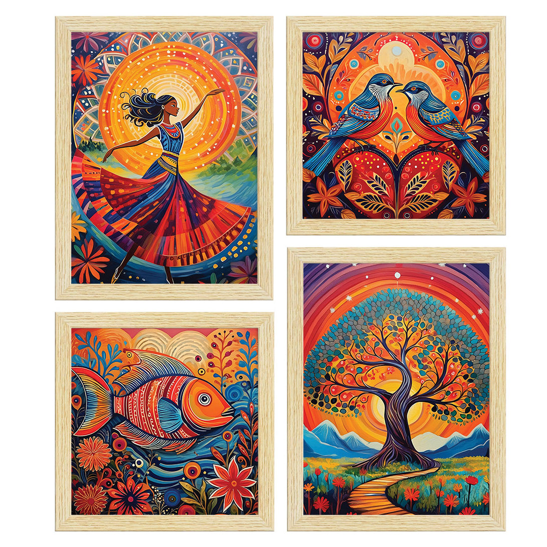 Madhubani Art Paintings, Painting For Wall Living Room, Multicolor, Set of 4 ArtX