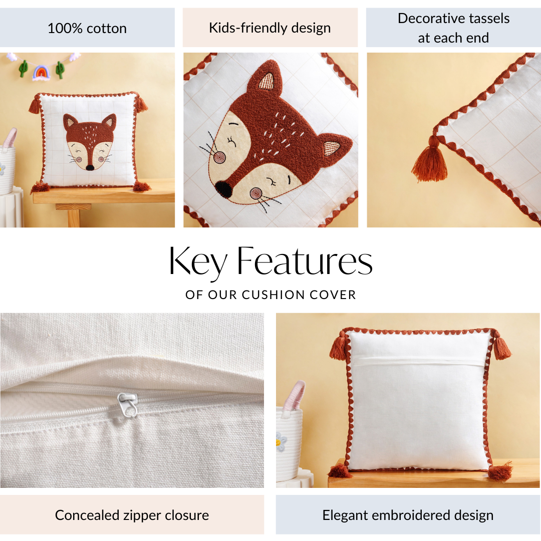 Fox Embroidered Cotton Kids Cushion Cover 42x42cm Nestasia
