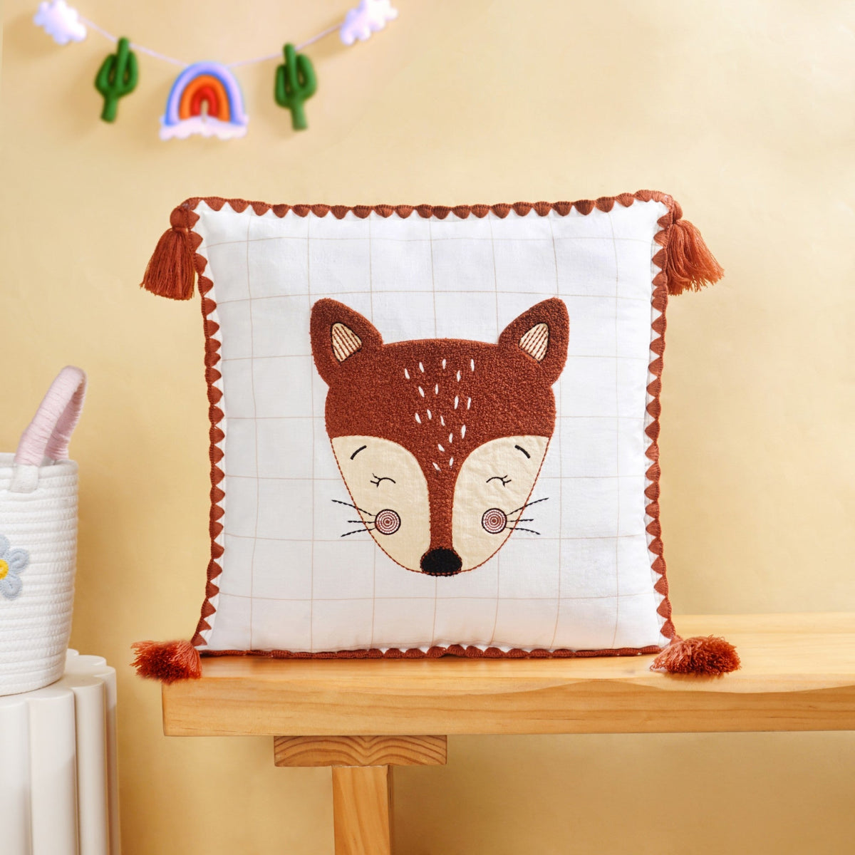 Fox Embroidered Cotton Kids Cushion Cover 42x42cm Nestasia