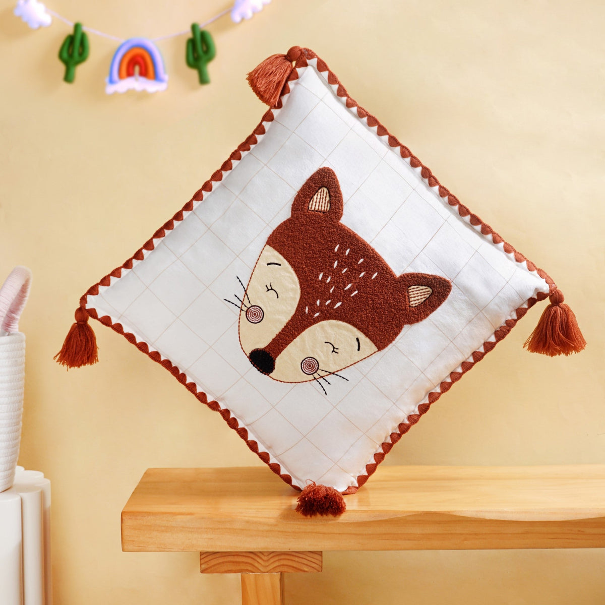 Fox Embroidered Cotton Kids Cushion Cover 42x42cm Nestasia