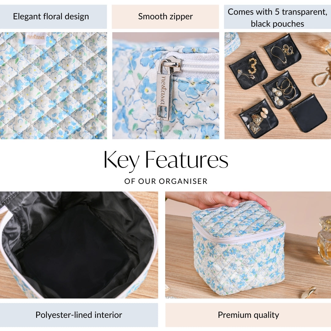 Floral Quilted Jewellery Storage Bag With Pouch Set Of 6 Blue Nestasia