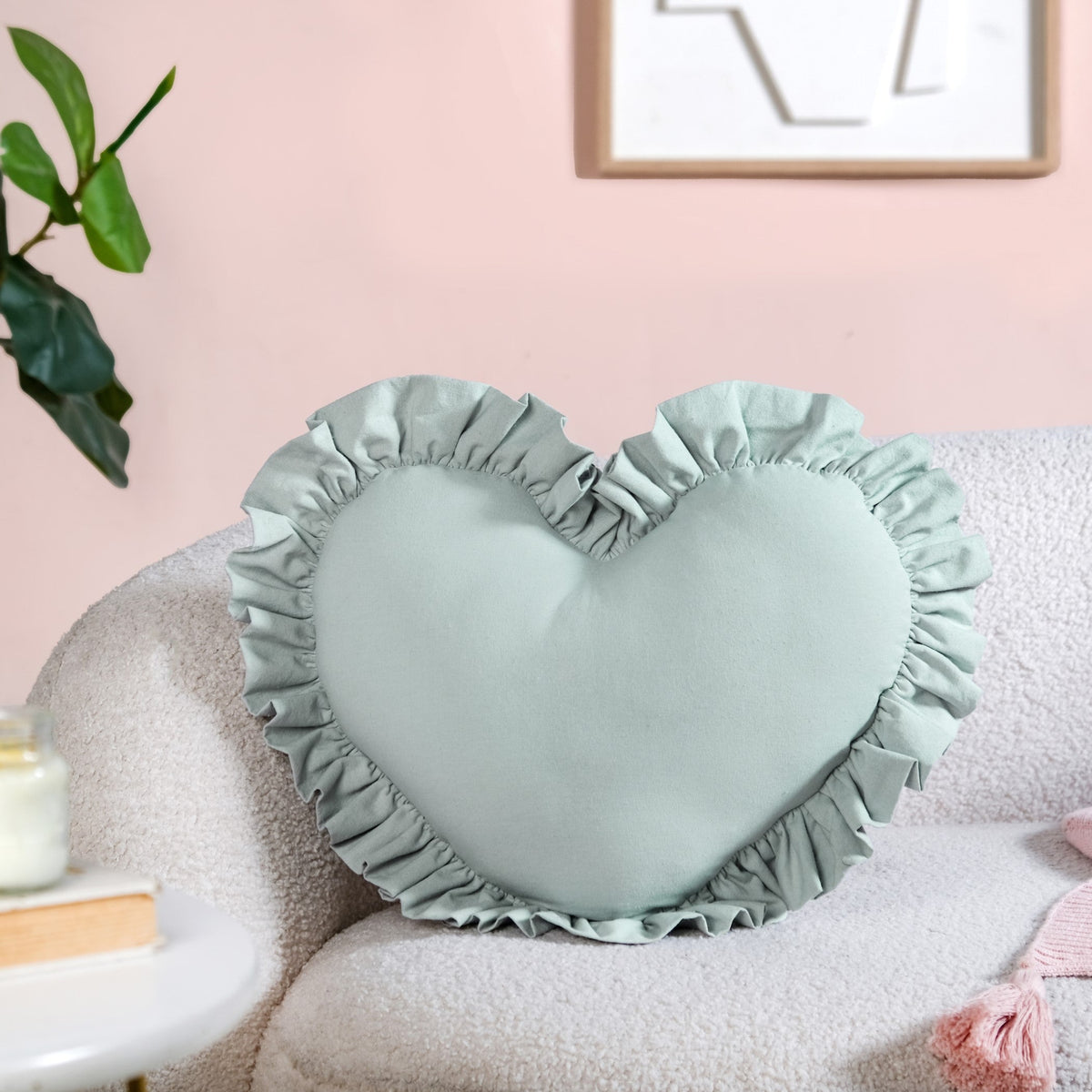Frilly Heart Cotton Cushion Mint Green 43x38cm Nestasia