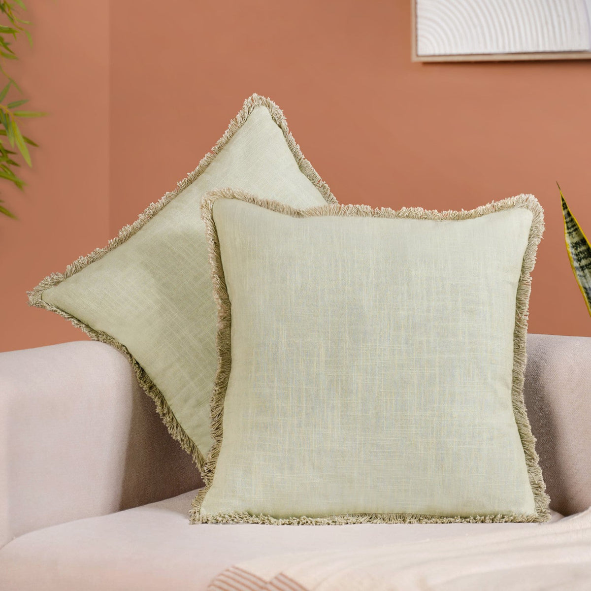 Fringe Cotton Cushion Cover Set Of 2 Green Nestasia