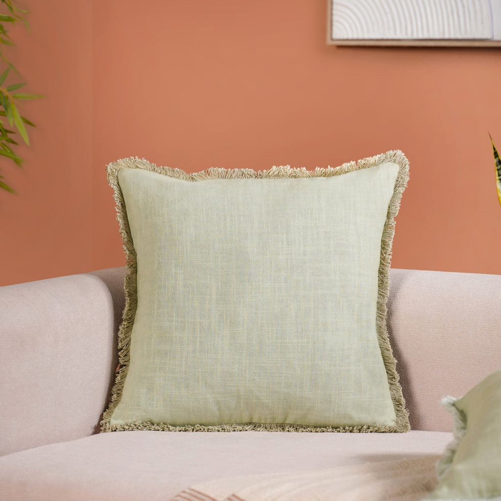 Fringe Cotton Cushion Cover Set Of 2 Green Nestasia
