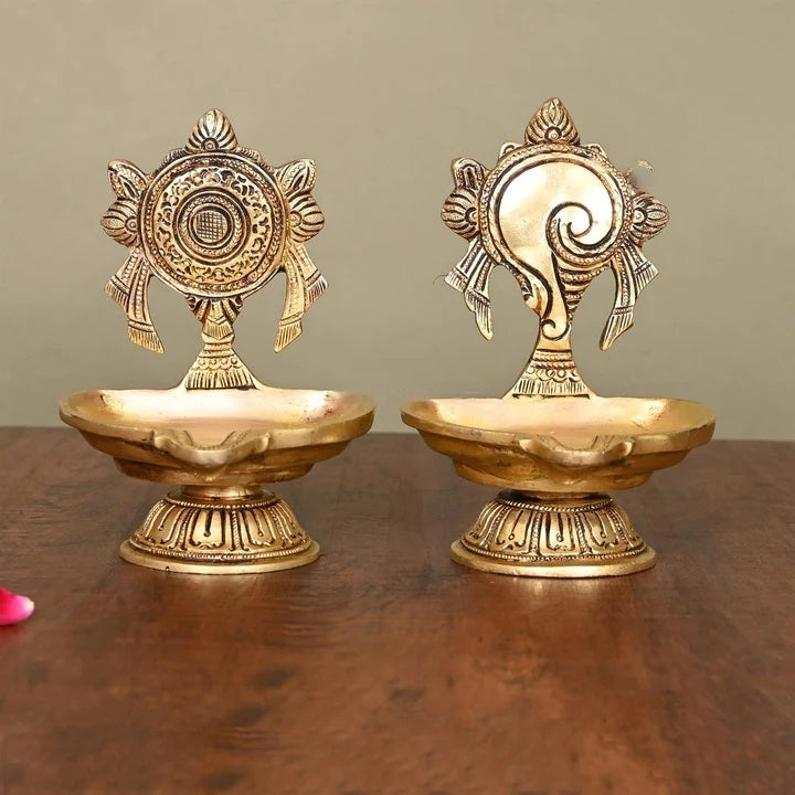 Brass Shankh And Chakra Diya Set (5.5 Inch) Vedansh Craft
