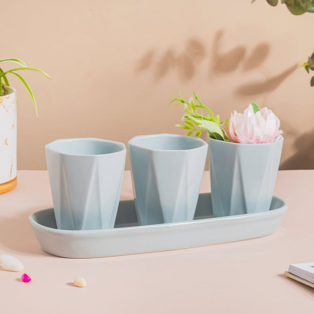 Ternion Textured Planter Set Of 3 With Plate Blue Grey Nestasia