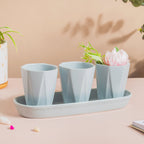 Ternion Textured Planter Set Of 3 With Plate Blue Grey Nestasia