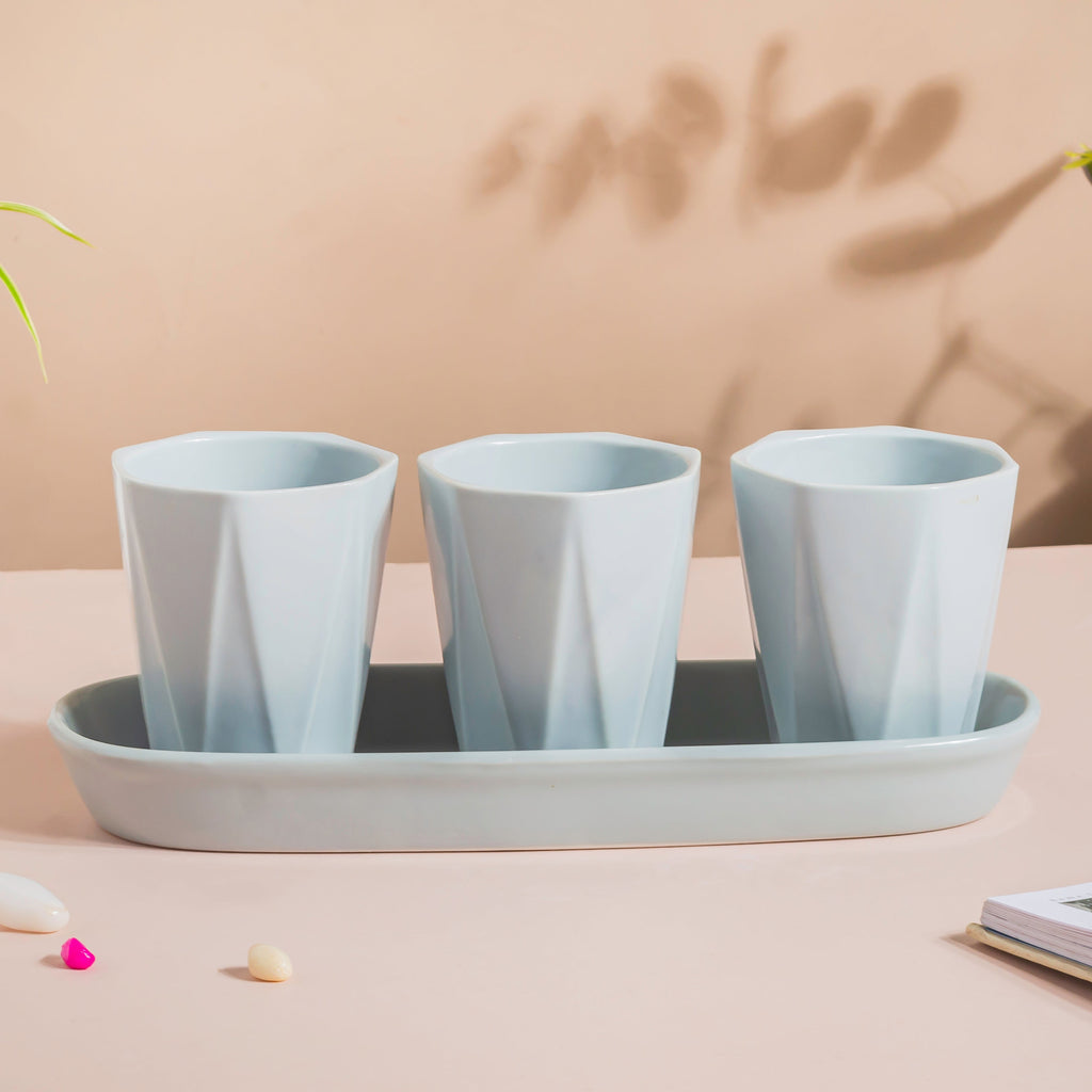 Ternion Textured Planter Set Of 3 With Plate Blue Grey Nestasia