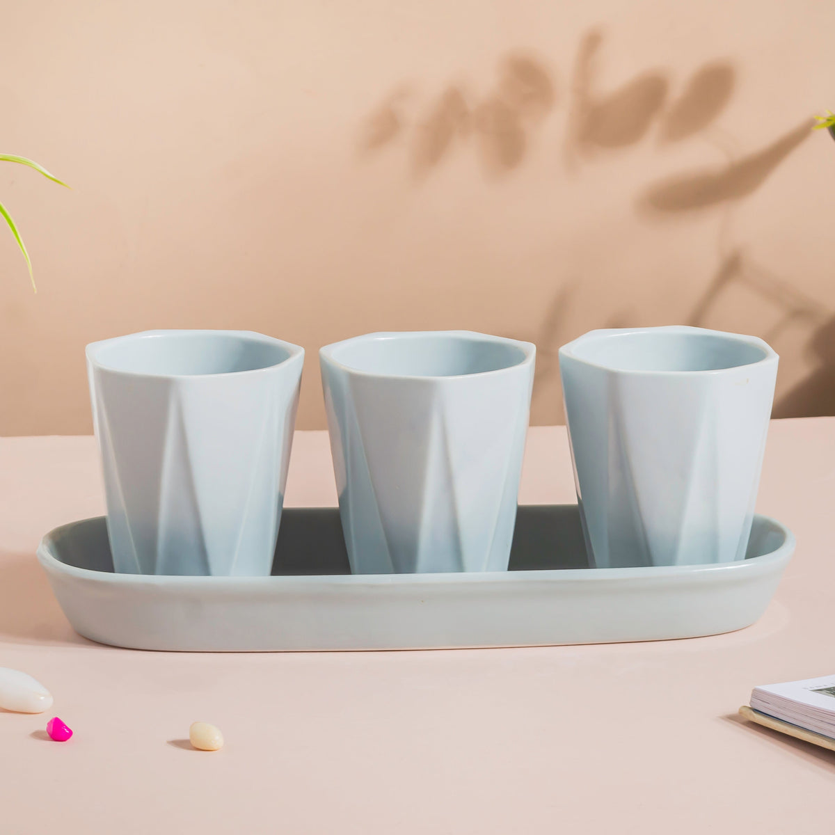 Ternion Textured Planter Set Of 3 With Plate Blue Grey Nestasia