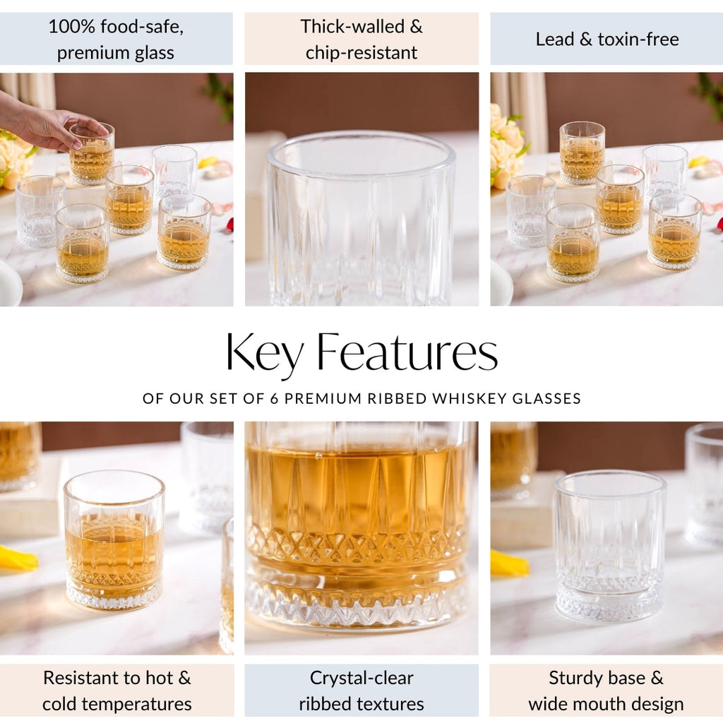 Set Of 6 Premium Ribbed Whiskey Glasses 220ml Nestasia