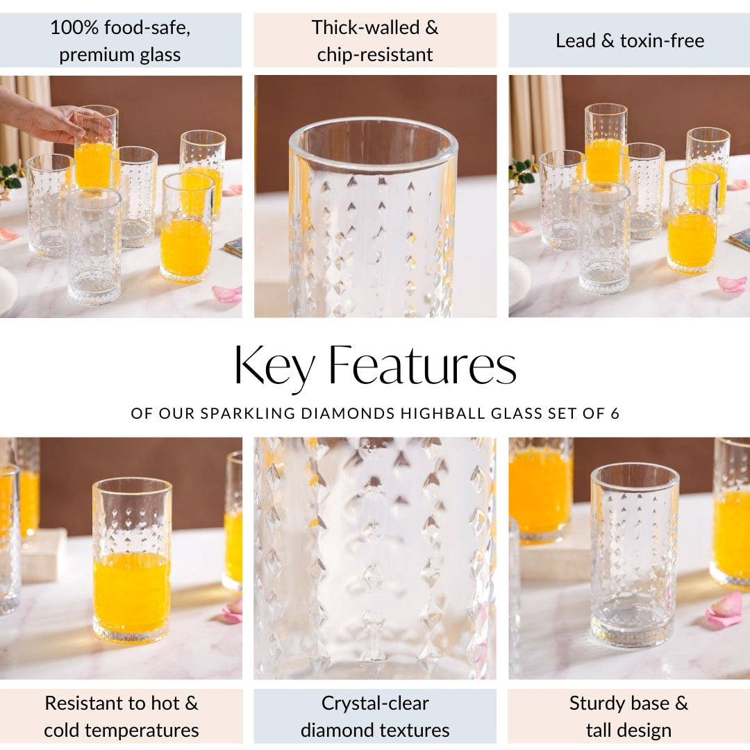 Diamond Design Highball Glass Set Of 6 466ml Nestasia
