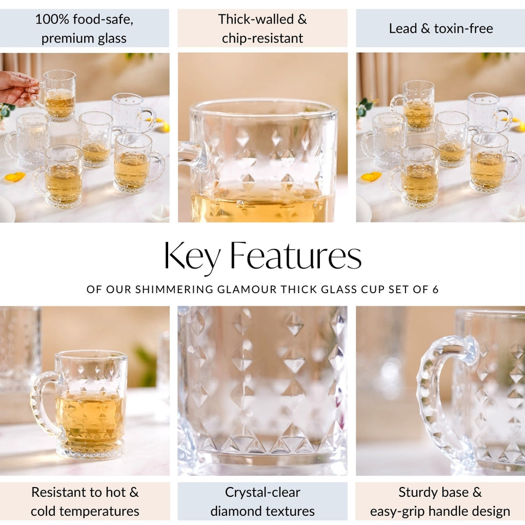 Diamond Embossed Glass Cup Set Of 6 200ml Nestasia