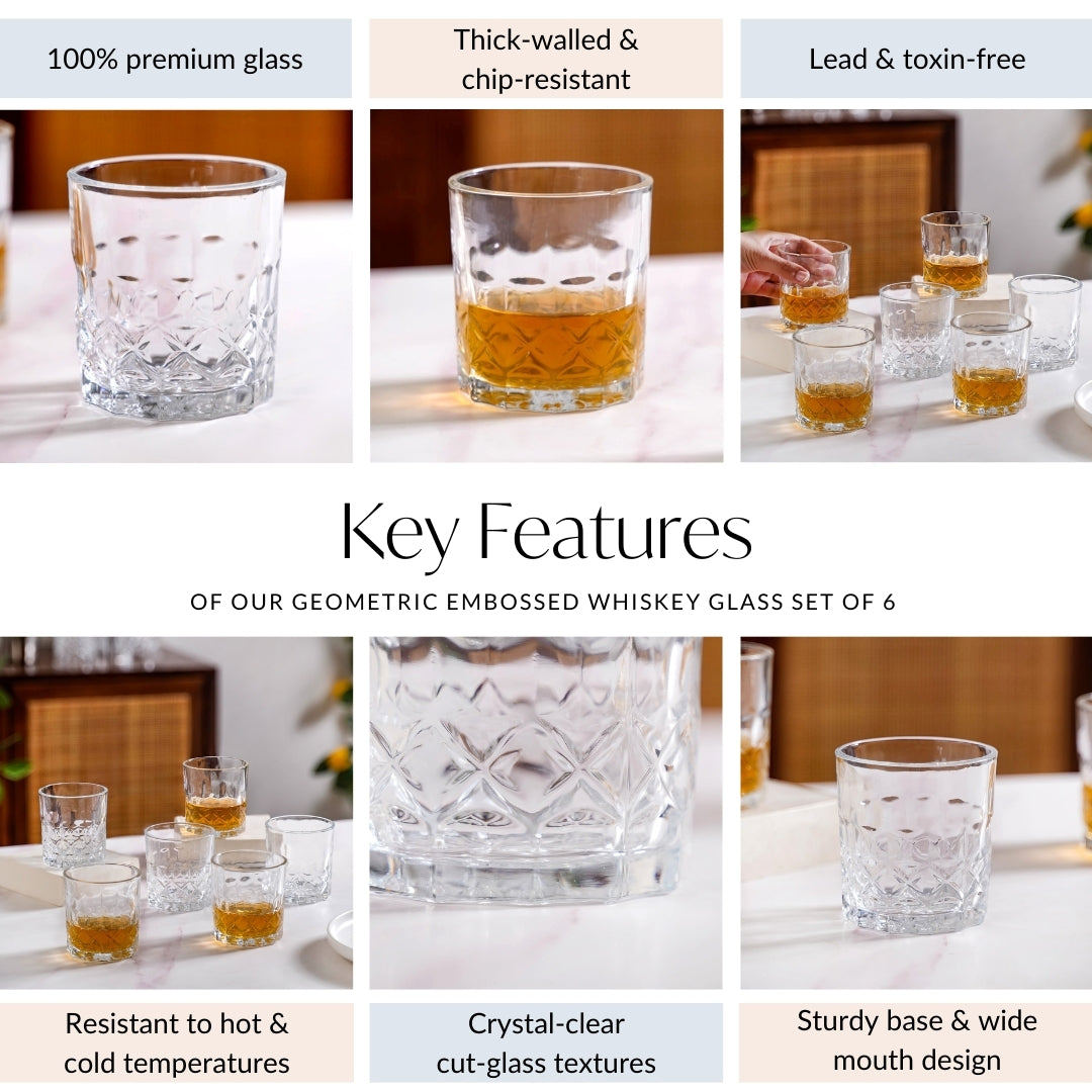 Geometric Embossed Whiskey Glass Set Of 6 230ml Nestasia