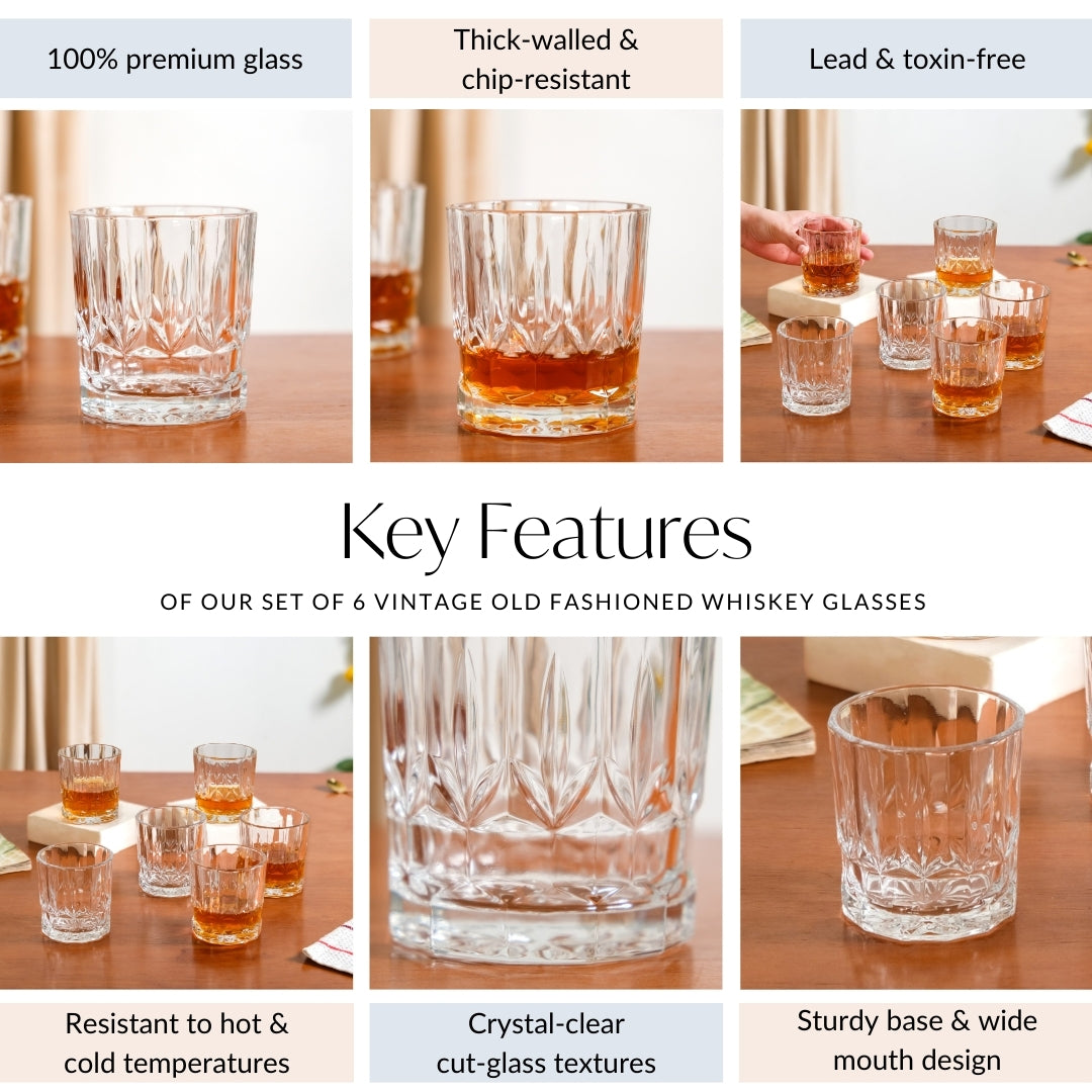 Set Of 6 Vintage Old Fashioned Whiskey Glasses 230ml Nestasia