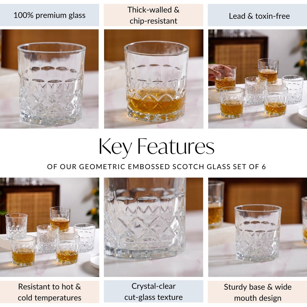 Geometric Embossed Scotch Glass Large Set Of 6 310ml Nestasia