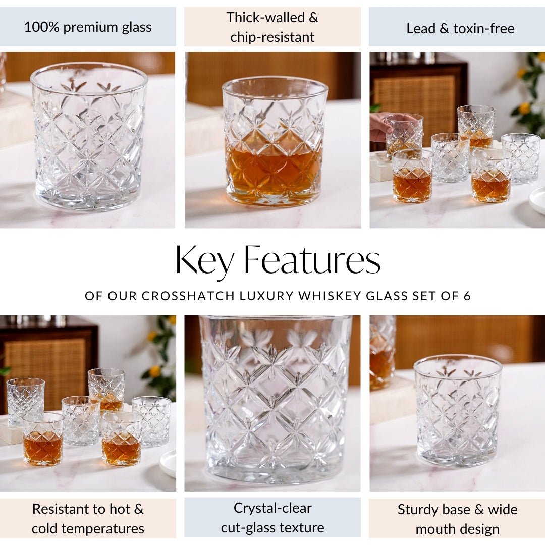 Luxury Whiskey Glass Crosshatch Pattern Set Of 6 310ml Nestasia