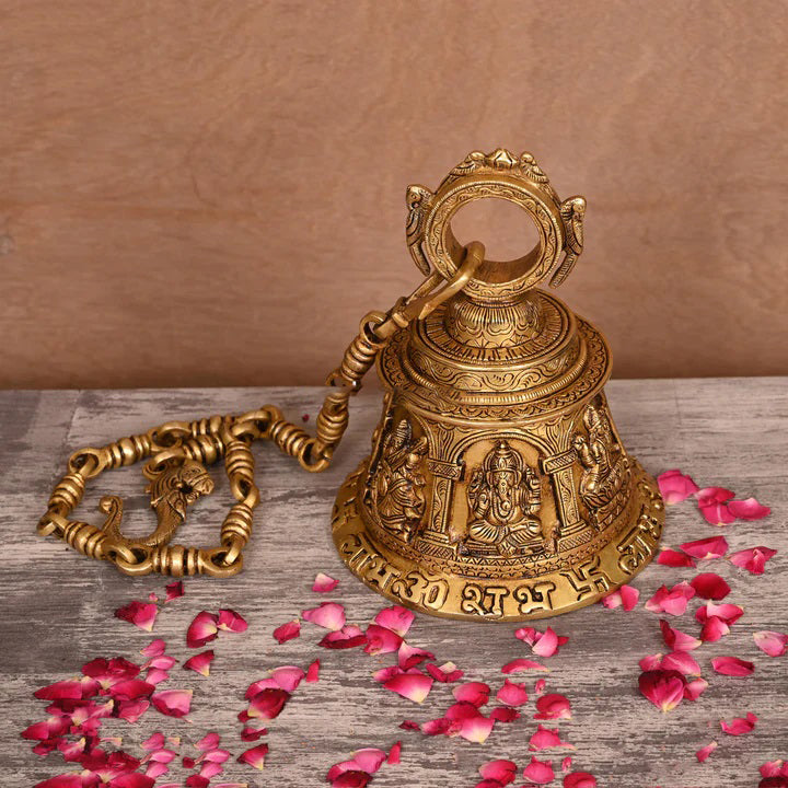 Brass Superfine Ganesha, Lakshmi And Saraswati Hanging Temple Bell (32.5 Inch) Vedansh Craft