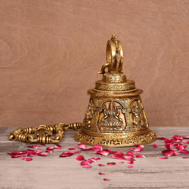 Brass Superfine Ganesha, Lakshmi And Saraswati Hanging Temple Bell (32.5 Inch) Vedansh Craft