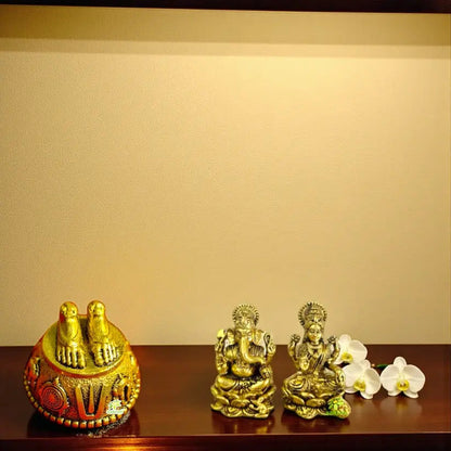 Handcrafted Brass Laxmi Ganesh Murti with Balaji Charan | Combo Puja Set for Home Temple, Diwali Gifts & Spiritual Décor | Gift Hamper