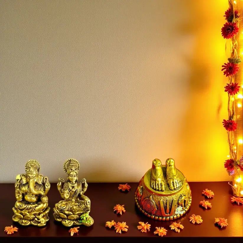 Brass Laxmi Ganesh with Balaji Charan | Hindu Puja Idol Set for Home Temple & Office | Spiritual Decor & Gift Item | Handmade Brass Murti for Diwali & Housewarming