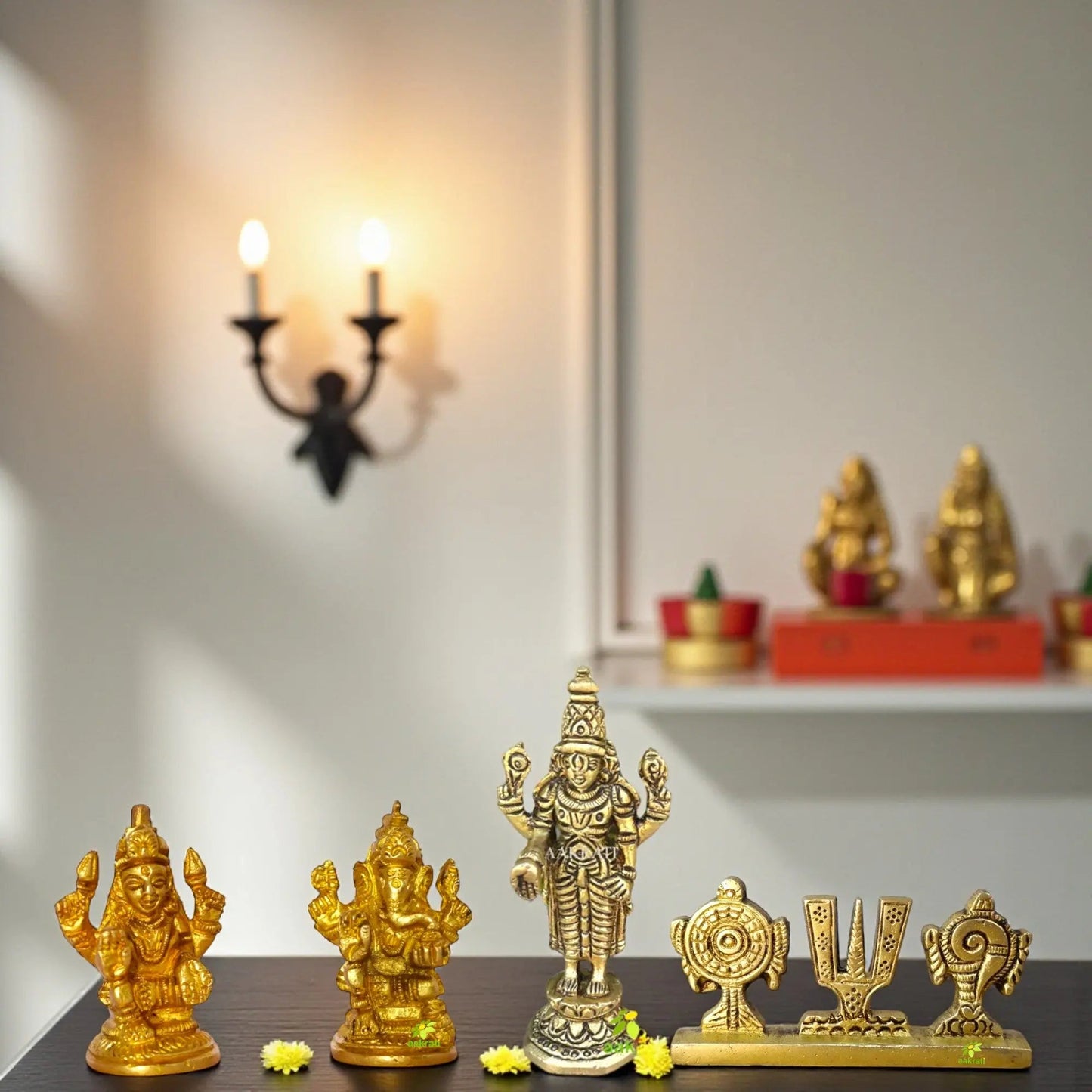Antique Brass Hindu Idol Set – Shankh Chakra Namah, Laxmi Ganesh & Tirupati Balaji | Mandir Decor Showpiece | Puja Gift for Home, Office, Festivals | Gift Hamper