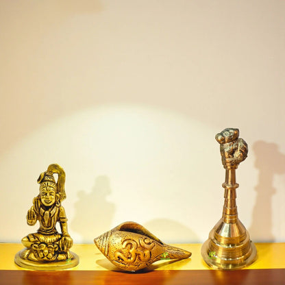 Brass Lord Shiva Idol Set with Shankh and Puja Bell | Traditional Puja Mandir Decor | Religious Showpiece for Home, Temple | Ideal Gift for Festivals | Gift Hamper