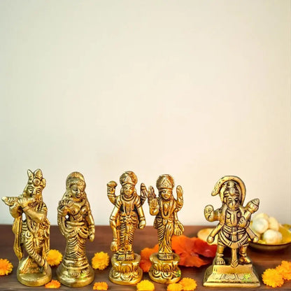 Brass Hindu God Idol Set – Vishnu Laxmi, Hanuman & Radha Krishna | Handcrafted Murti for Puja Room | Vastu Decor for Home & Office | Gift for Diwali, Navratri | Gift Hamper