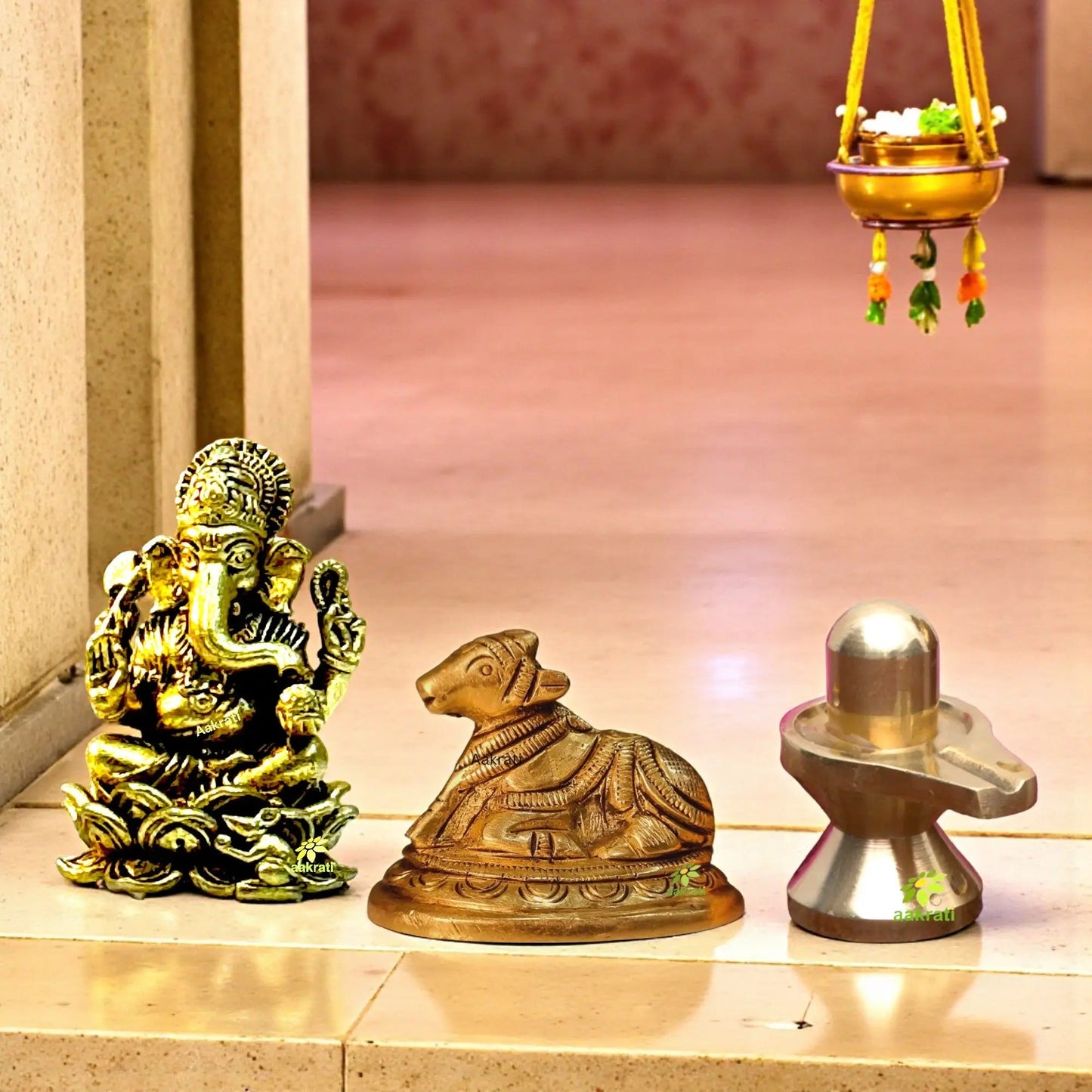 Brass Ganesh, Shivling & Nandi Gift Set – Perfect for Diwali, Housewarming, Pooja Room, and Religious Gifts – Traditional Indian Brass Murti Combo