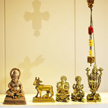 Brass Cow with Calf, Kuber, Laxmi Ganesh & Balaji Idol Gift Set – Hindu Pooja Statues Combo for Diwali, Housewarming, Vastu, Spiritual Blessings (Set of 4)