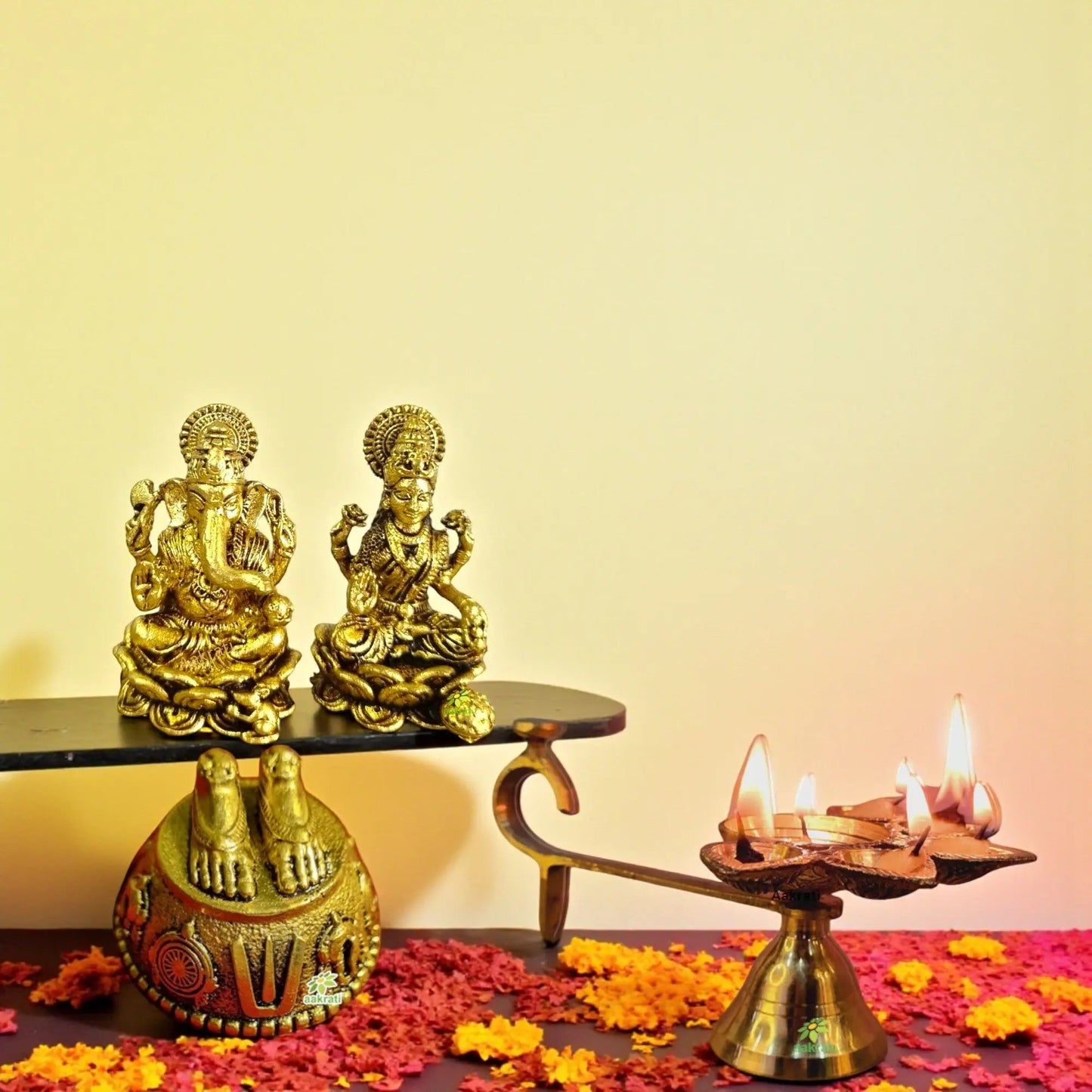 Brass Pooja Set – Laxmi Ganesh Murti, Balaji Charan Footprints & Diya – Traditional Hindu Gift Set for Vastu, Positive Energy & Divine Blessings - GIft Hamper