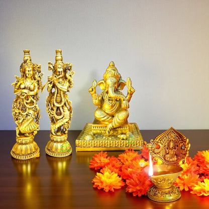 Pure Brass Radha Krishna Statue with Ganesh Idol & Diya | Festive Gift Combo for Diwali, Housewarming & Spiritual Decor | Gift Hamper