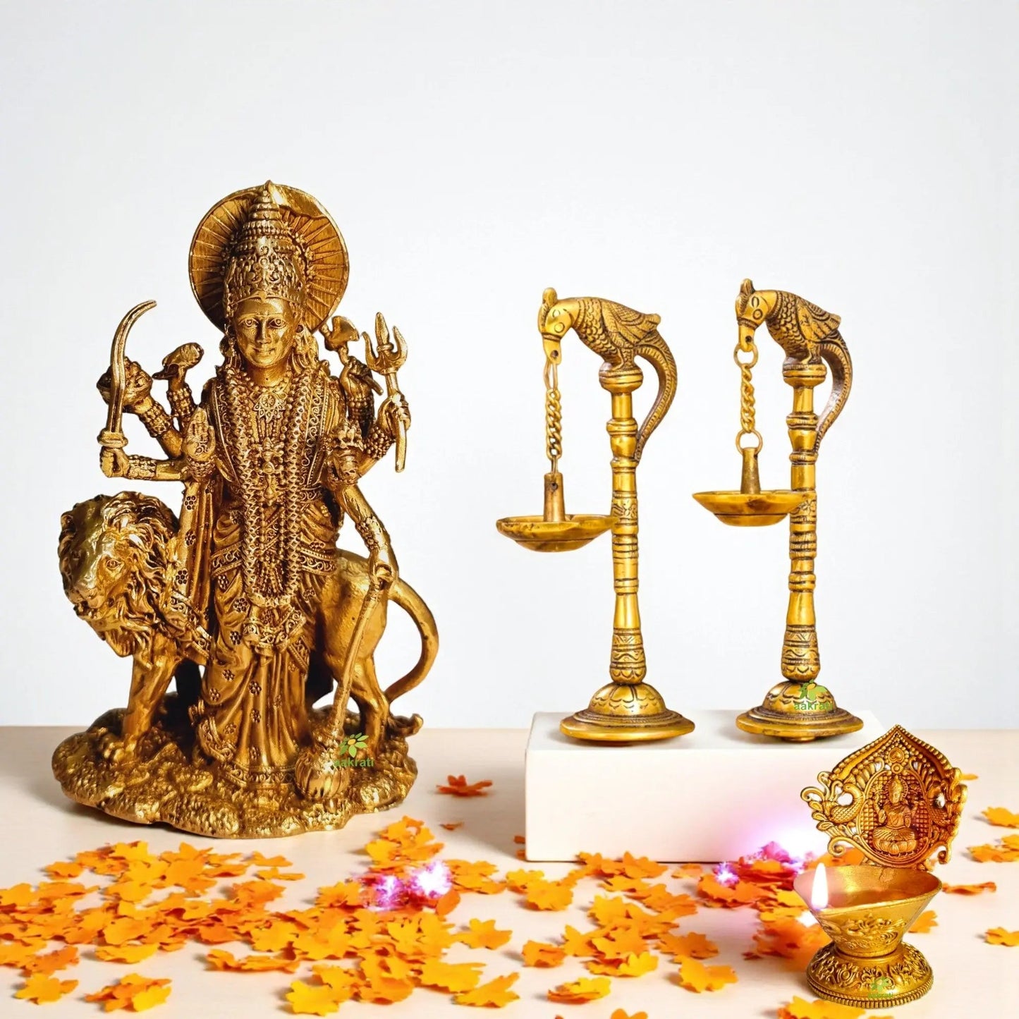 Brass Gift Combo – Durga Ji Murti, Plain Diya & Peacock Diya Set | Handcrafted Pooja Decor for Diwali, Navratri & Housewarming | Gift Hamper