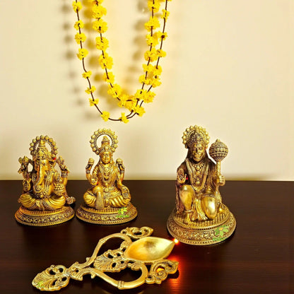Traditional Brass Combo – Laxmi Ganesh, Hanuman Ji & Hawan Spoon | Pooja Essentials Gift Set for Home Temple | Gift Hamper