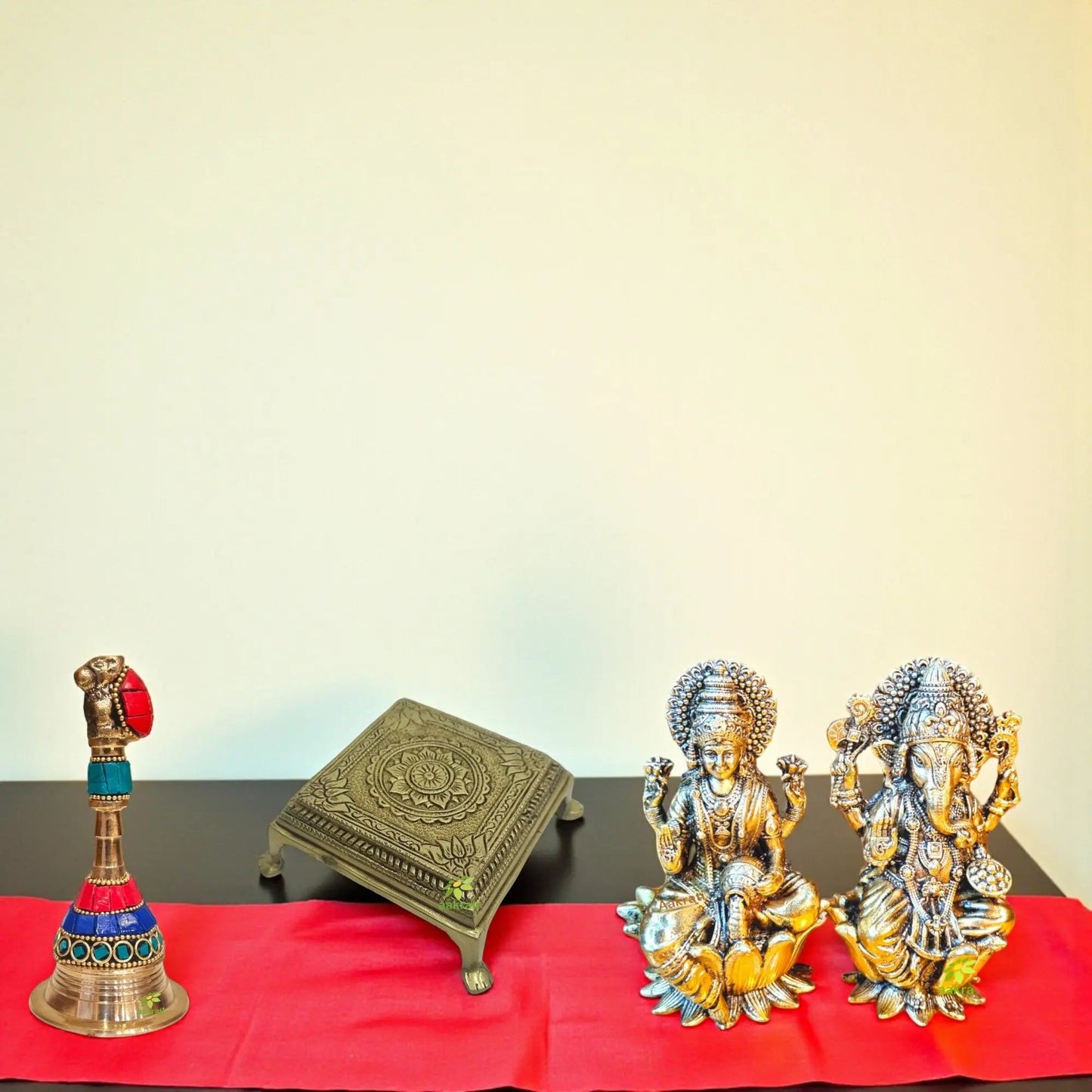 Brass Gift Combo – Laxmi Ganesh Murti on Chowki with Pooja Bell | Ideal for Home Mandir, Festival Rituals & Gifting