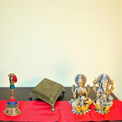 Brass Gift Combo – Laxmi Ganesh Murti on Chowki with Pooja Bell | Ideal for Home Mandir, Festival Rituals & Gifting