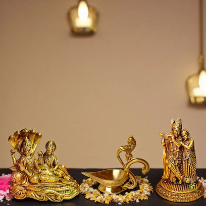 Brass Gift Set – Radha Krishna Murti, Laxmi Narayan Idols & Diya Lamp | Ideal for Home Temple, Festival Rituals & Gifting