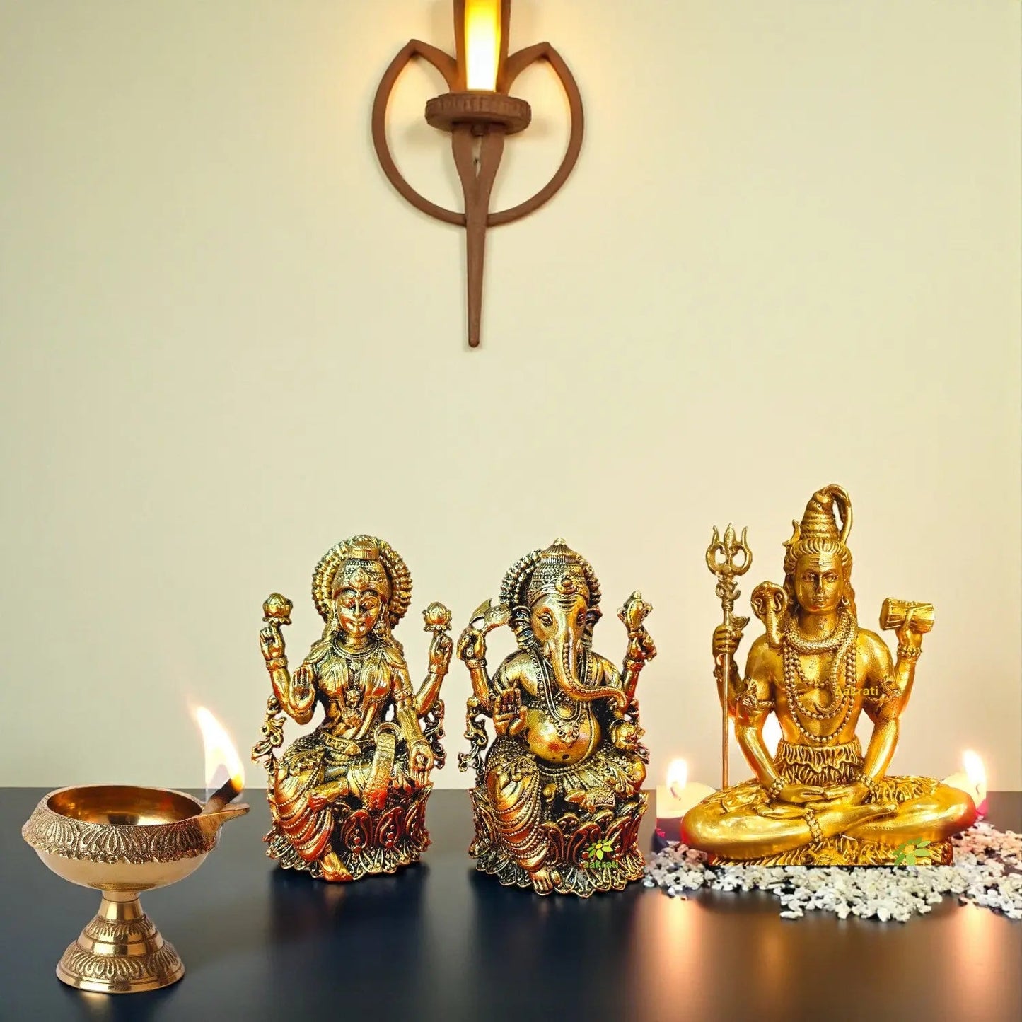 Traditional Brass Combo – Shiva, Laxmi Ganesh Idols with Pooja Diya | Perfect Religious Gift for Diwali & Spiritual Decor | Gift Hamper