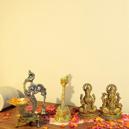 Diwali Pooja Combo – Brass Lakshmi Ganesh Statue, Temple Bell & Diya | Festival Gift Set