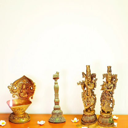 Brass Radha Krishna Statue with Bell and Diya Combo | Puja Gift Set for Home Mandir | Traditional Indian Religious Decor | Housewarming, Festival Gift