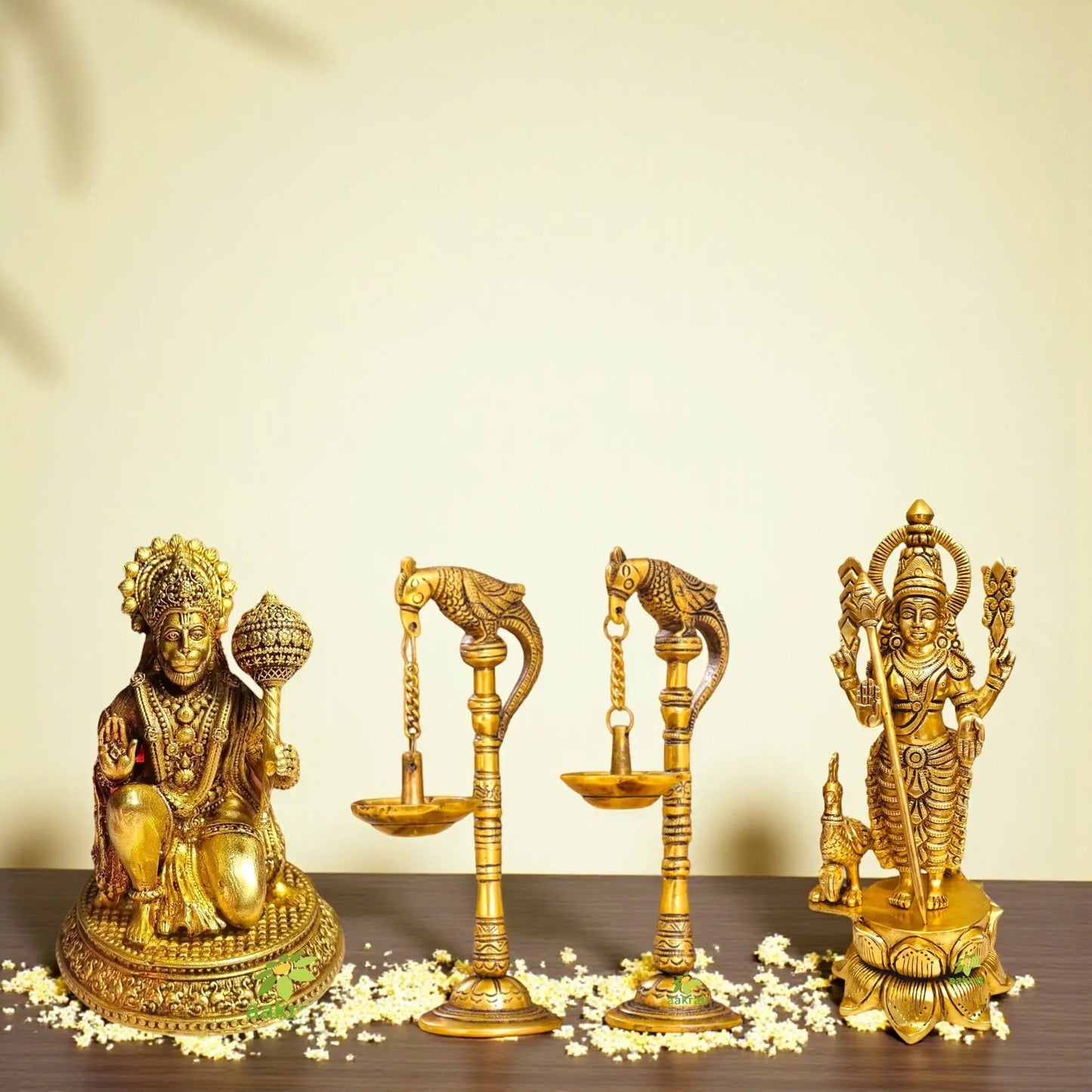 Brass Idol Set – Lord Murugan, Hanuman & Diya Pair | Hindu Religious Gift Combo | Handcrafted Puja Set for Mandir | Ideal for Diwali, Housewarming & Spiritual Decor