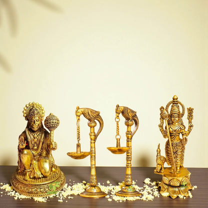 Brass Idol Set – Lord Murugan, Hanuman & Diya Pair | Hindu Religious Gift Combo | Handcrafted Puja Set for Mandir | Ideal for Diwali, Housewarming & Spiritual Decor
