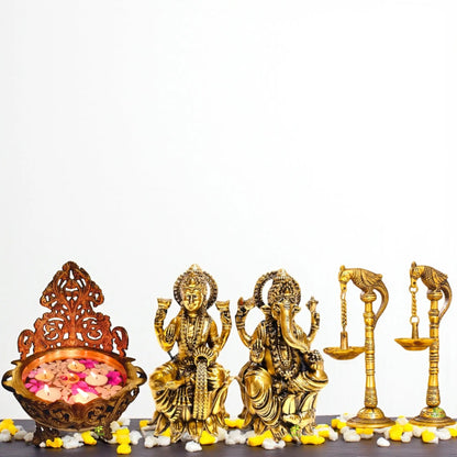 Brass Urli with Diya Pair & Lakshmi Ganesh Idols Gift Combo | Handcrafted Puja Set | Home Temple & Festive Decor | Ideal for Diwali, Housewarming, Wedding | Gift Hamper