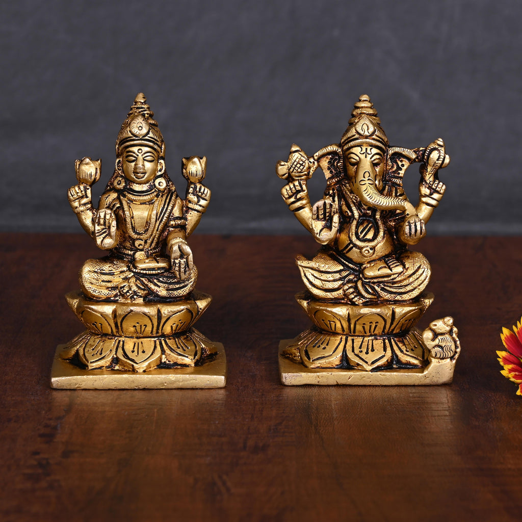 Brass Sitting Ganesha And Lakshmi Idols Set (3.5 Inch) Vedansh Craft