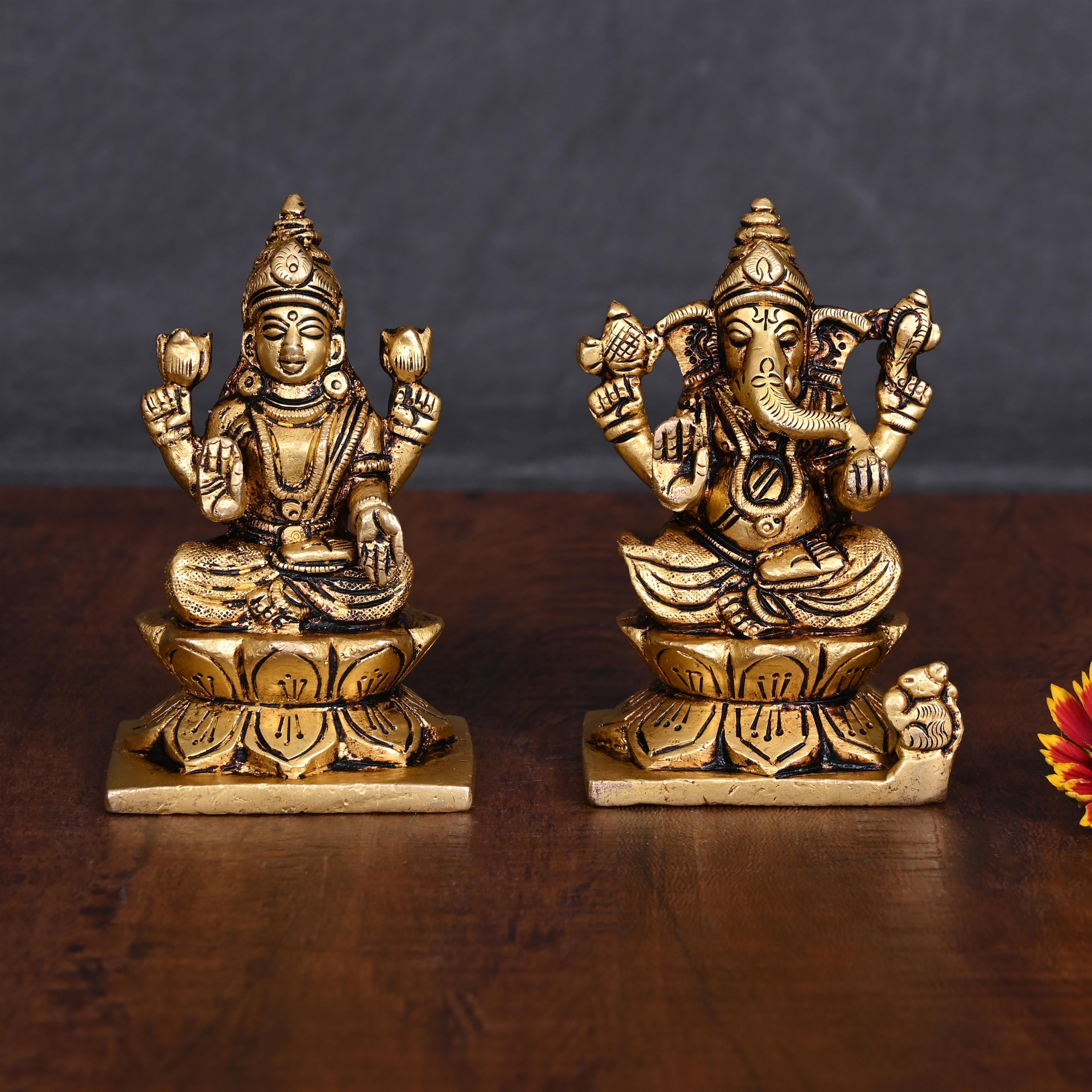 Brass Sitting Ganesha And Lakshmi Idols Set (3.5 Inch) Vedansh Craft