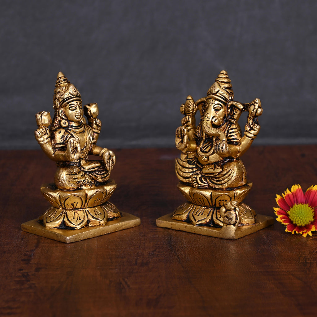 Brass Sitting Ganesha And Lakshmi Idols Set (3.5 Inch) Vedansh Craft