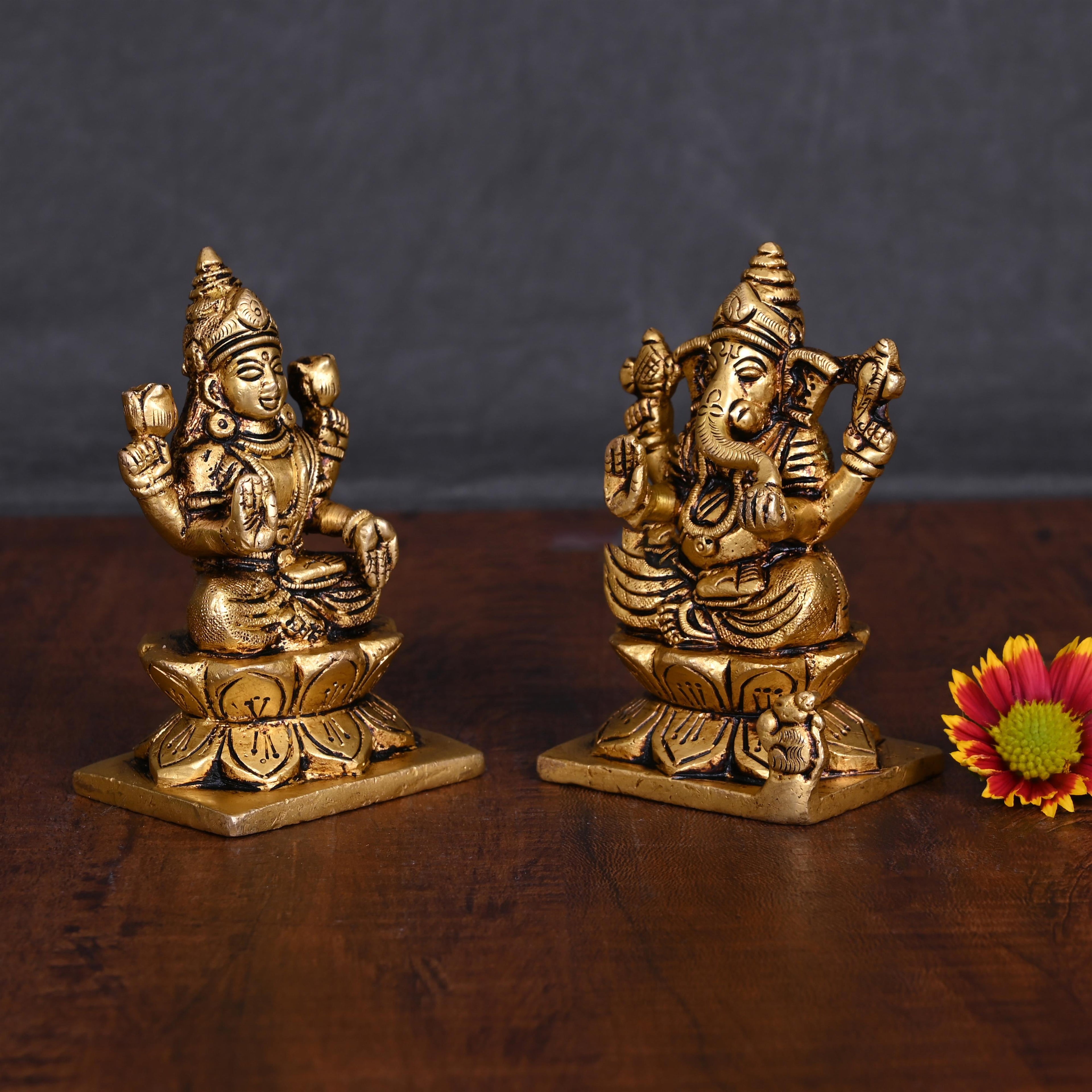 Brass Sitting Ganesha And Lakshmi Idols Set (3.5 Inch) Vedansh Craft